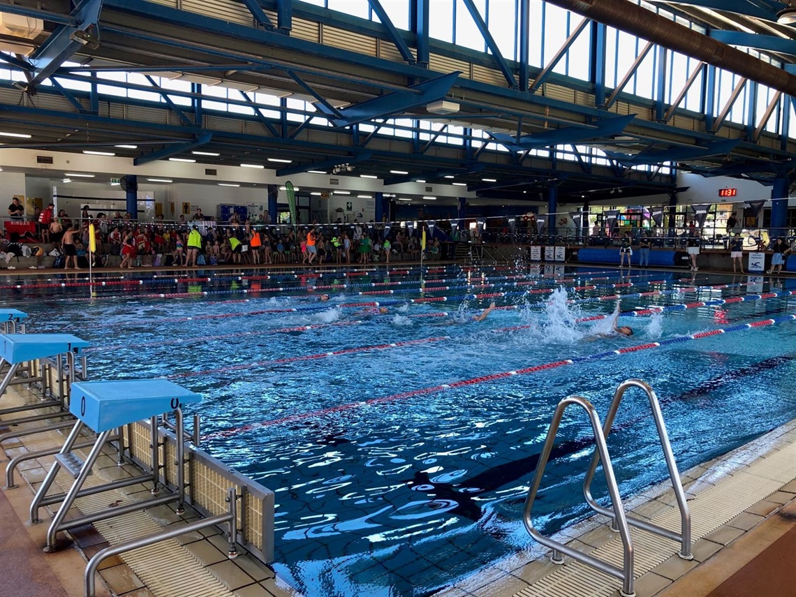 Swimmers racing at a Swimming Carnival with crowd cheering at Griffith Regional Aquatic Leisure Centre